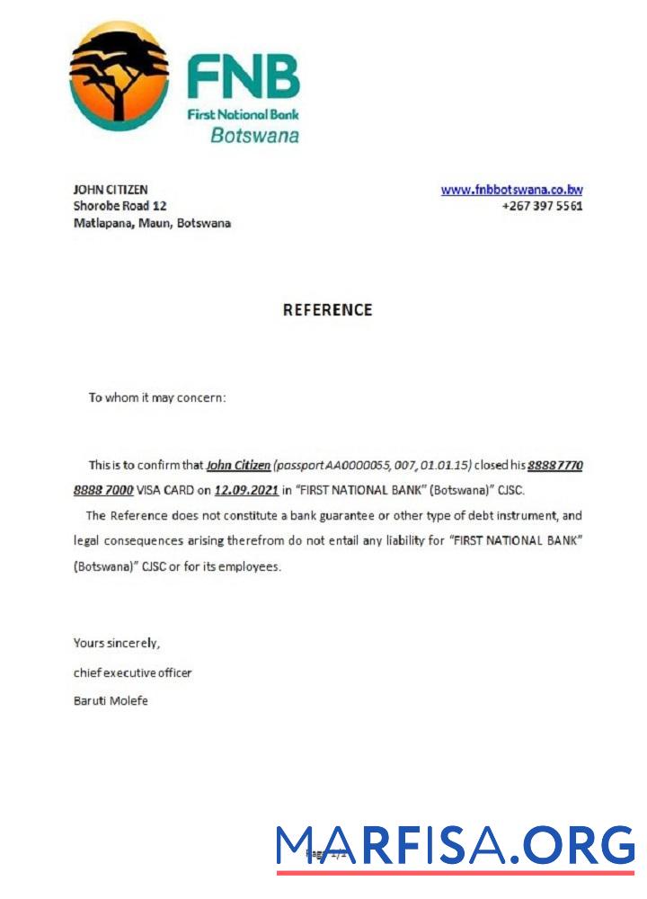 Printable Botswana FNB of Botswana closure reference real example